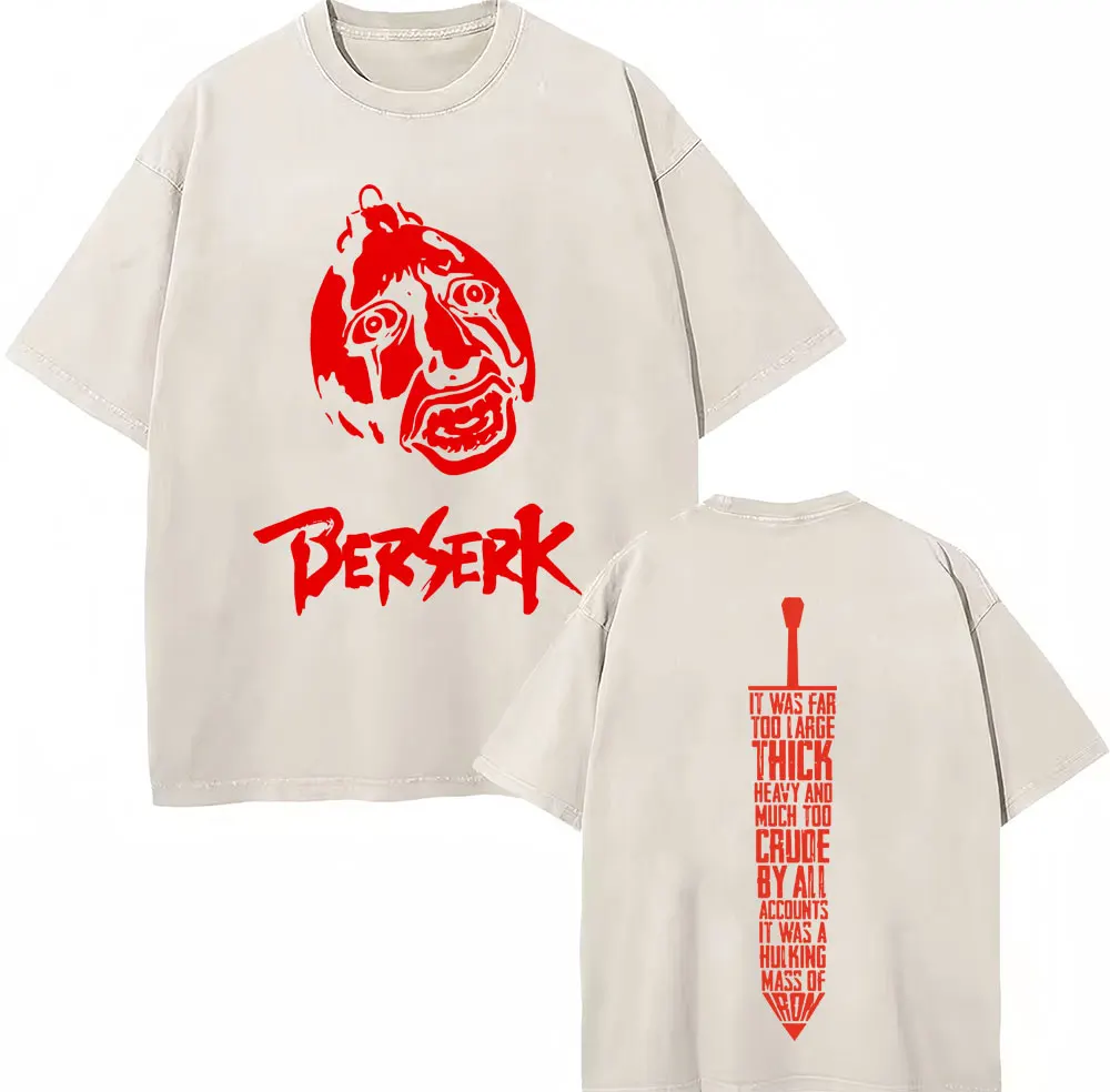 Washed Anime Berserk Guts T Shirt Swordsman Griffith Skull Knight Vintage T-shirts Men Women Cotton Fashion Loose Summer T-Shirt