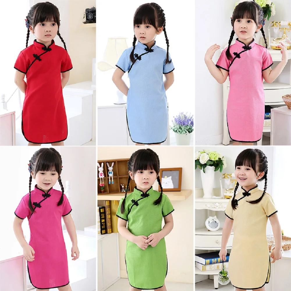 Girls Chinese Traditional Dress Qipao Cheongsam Party Costume Silky Satin Cotton