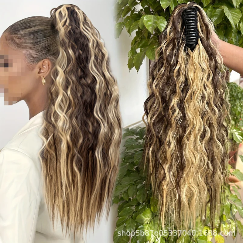 

European and American Style Ponytail Wig for Women, Corn Silk Long Curly Hair, Fluffy Claw Clip Ponytail Hair ExtensionPonytail