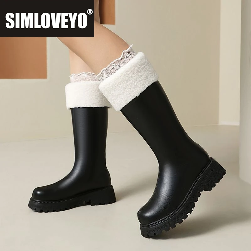 

SIMLOVEYO Winter Boots Round Toe Thick Heel 4.5cm Platform Slip On Warm Plush Knee High Riding Bota Small Size 31 32 33