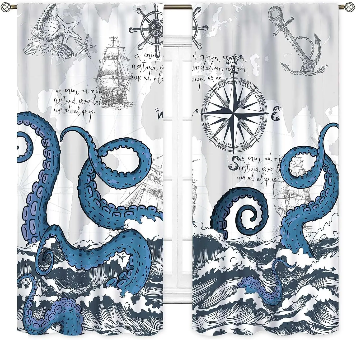 Nautical Pirate Curtains 2pcs Ocean Sea Wallpaper Print Window Curtains Nautical Decor Bedroom Home Sea Life Curtain