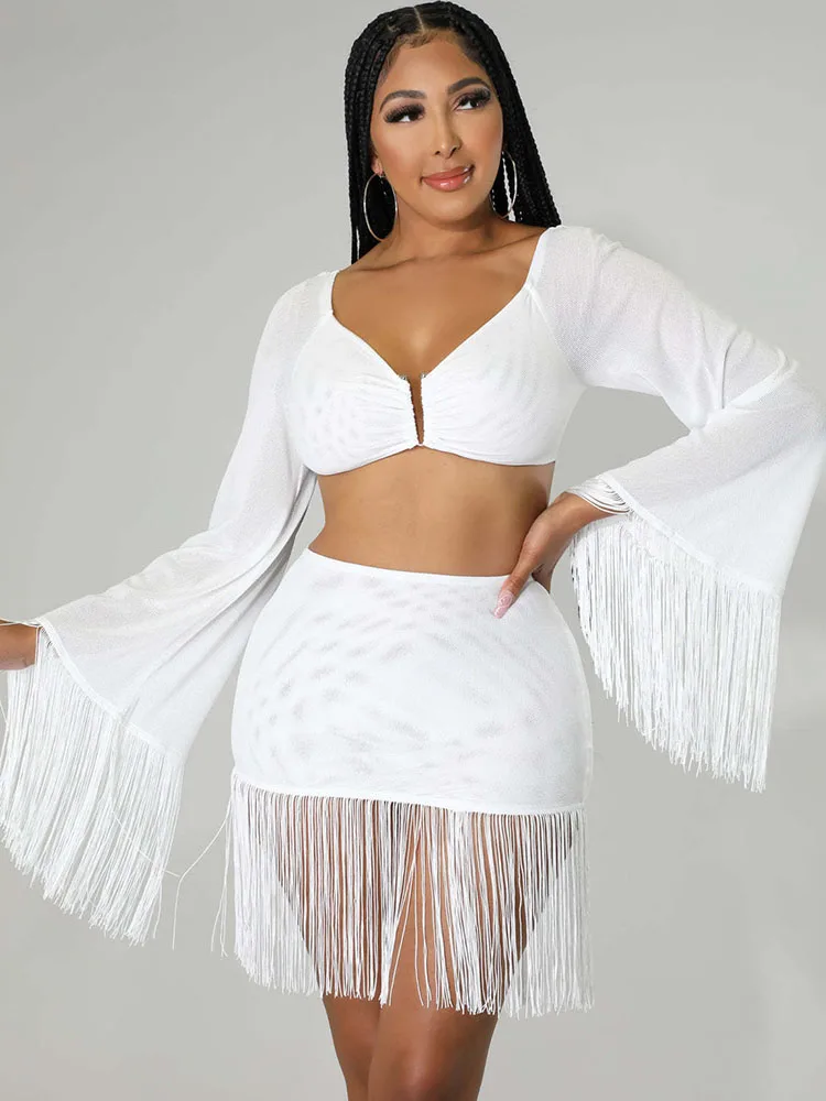 Black White Two Piece Tassel Skirt Set Women Clubwear For Party Short Tops And Skirts High Waist Night Club Sexy Outfits Sets