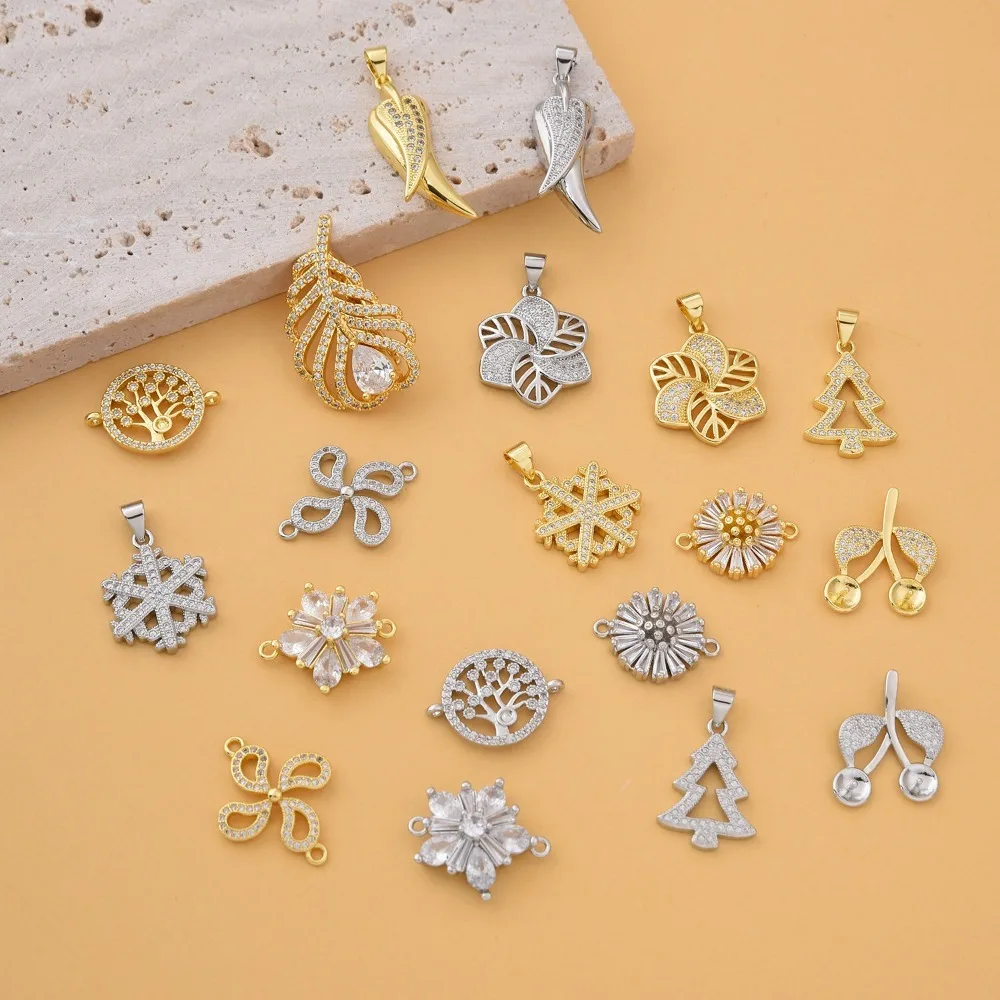 

2 Pcs Brass Zircon Hollow Pendant DIY Jewelry Making Accessories Leaf Flower Tree Snowflake Windmill Bracelet Necklace Connector