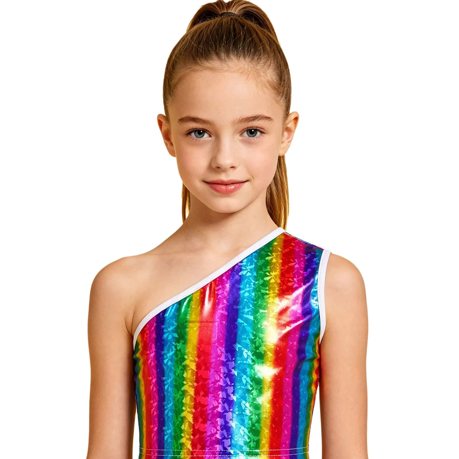 Kids Boys Girls Disco Jazz Dance Tops One-shoulder Metallic Crop Top Sleeveless Shiny Vest for Hip Hop Stage Performance Costume