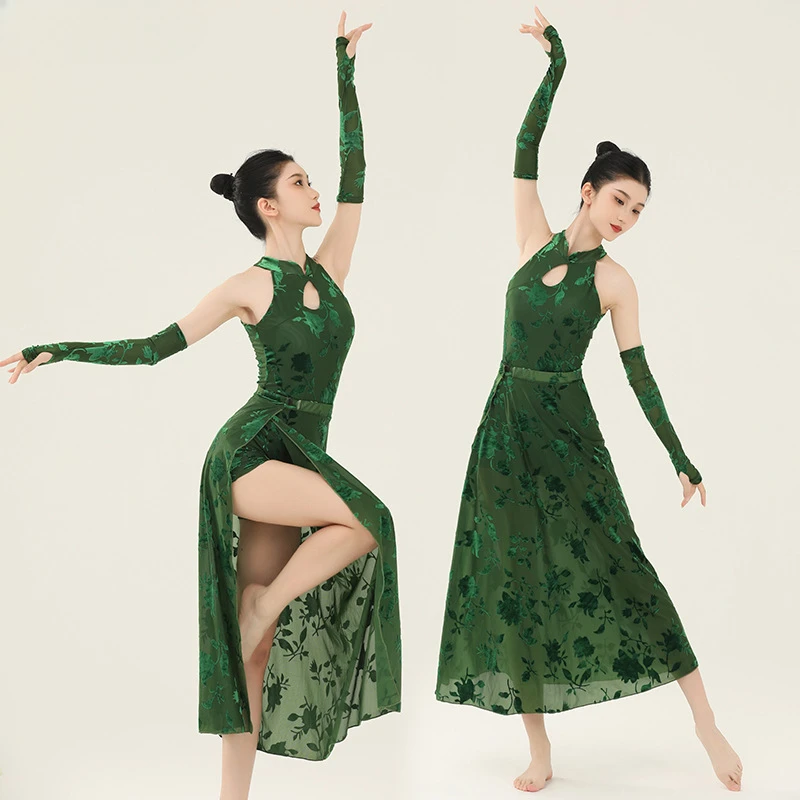 

Classical Dance Costume Dark Green Long Dress Women Jacquard Chinese Style Cheongsam Sheath Hole Sleeveless Evening Party Dress