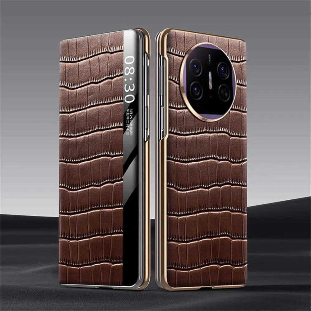 Genuine Cowhide Leather Crocodile Flip Case for Huawei Mate X5 X3 Window View Business Full Cover