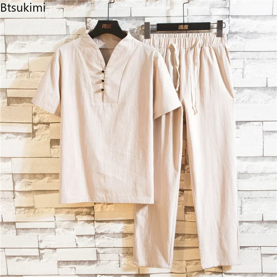 New 2025 Summer Short Sleeve T-Shirts+Long Pants Sets Solid Color Tracksuit Men Clothing Streetwear Male Casual Drawstring Suits