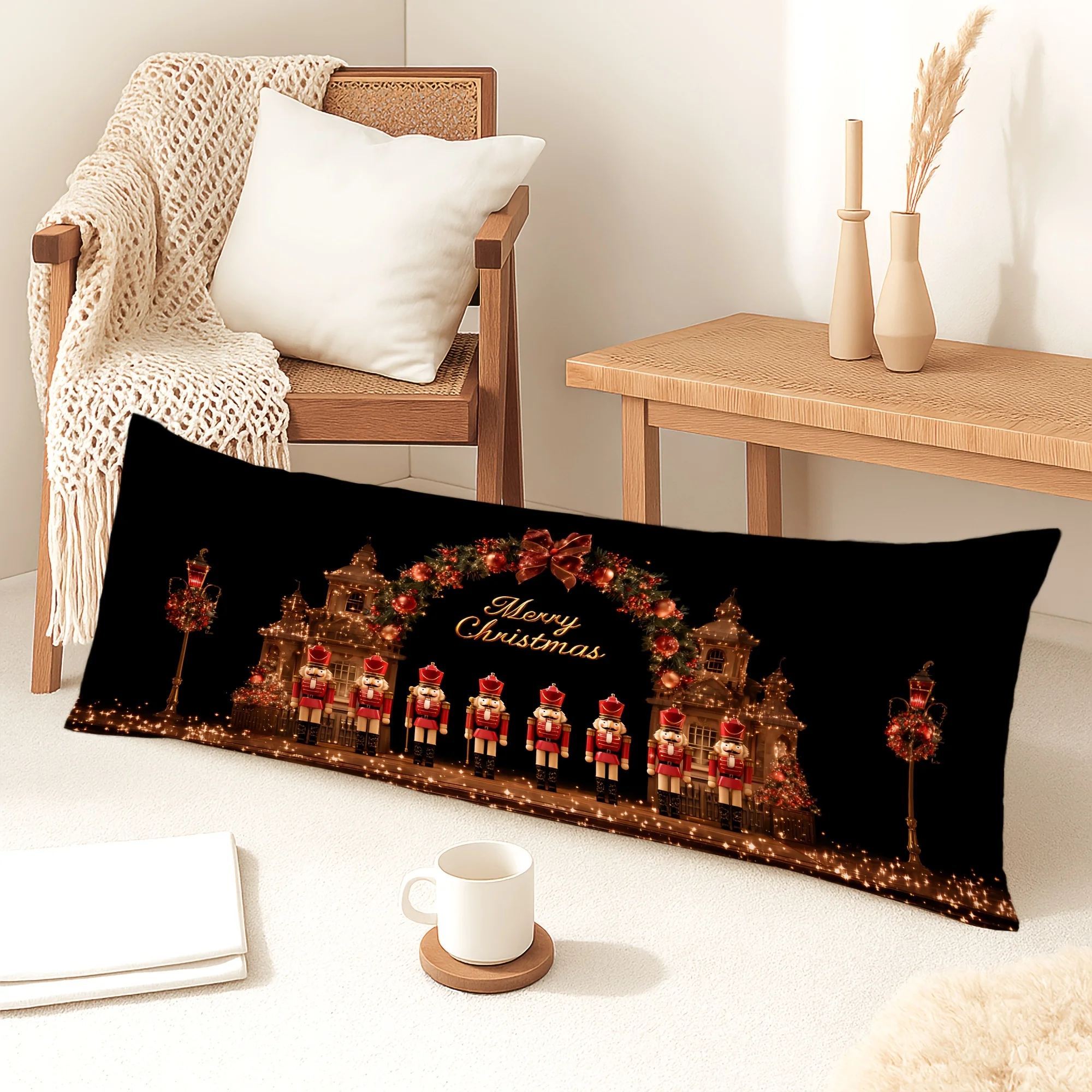 1pc Body Pillow Cover Christmas Decoration Nutcracker Soldier Wreath Bow Lights 20*54 Inches Suitable for Living Room Bedroom So