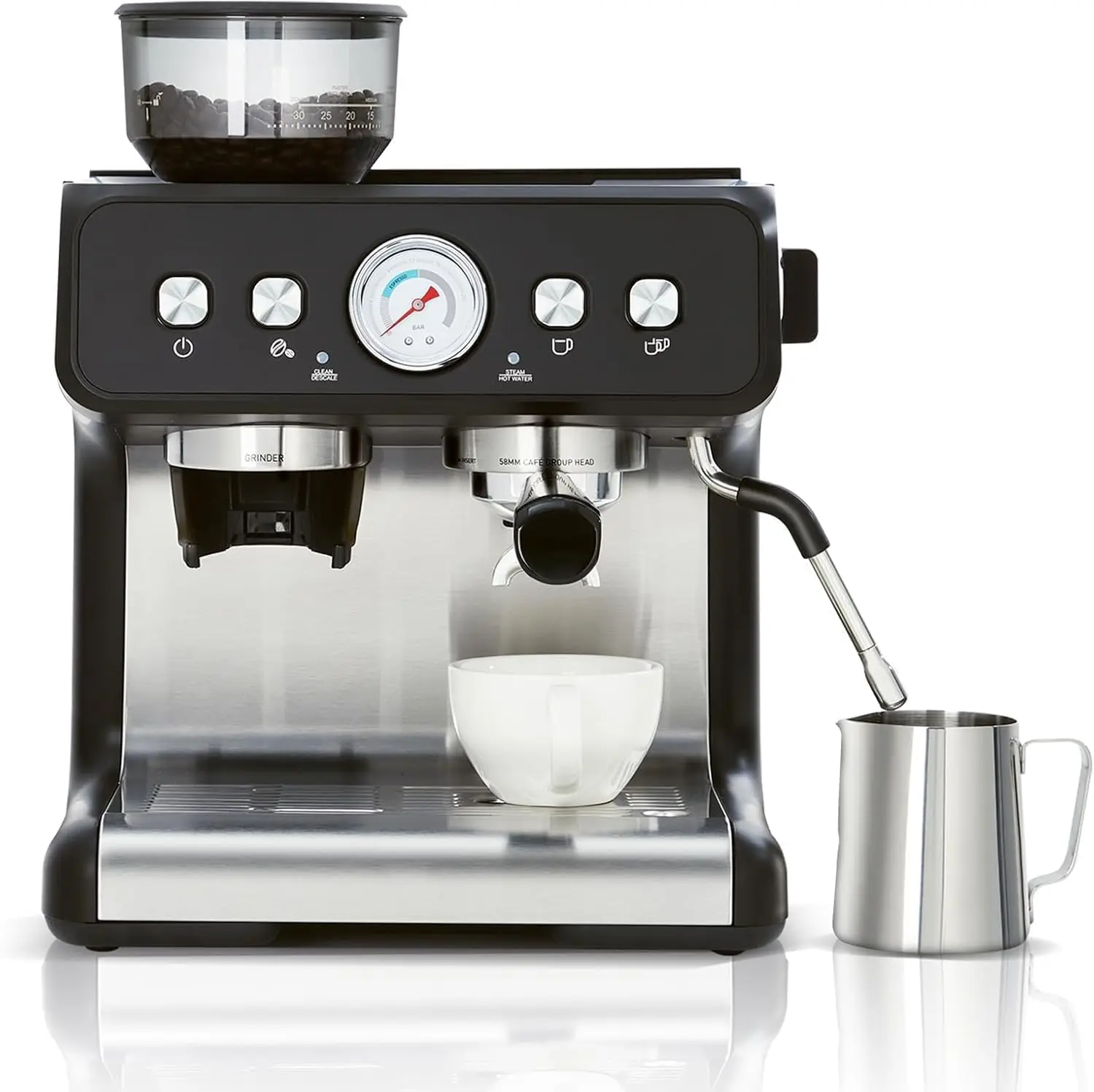 Tacleekii 20 Bar Stainless Steel Espresso Machine with Grinder 2.8L Removable Water Tank Frother Steam Wand Adjustable Shot Volume for Home or Office Latte/Cappuccino
