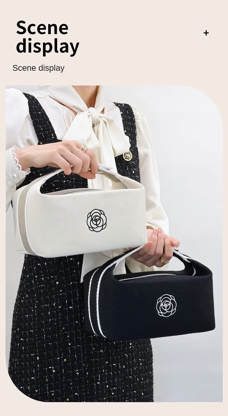Hochwertige tragbare Make-up-Tasche aus Kamelien-Canvas für Reisen, großes Fassungsvermögen, Aufbewahrungstasche für Toilettenartikel, Kosmetik, Hautpflege – Detail 10