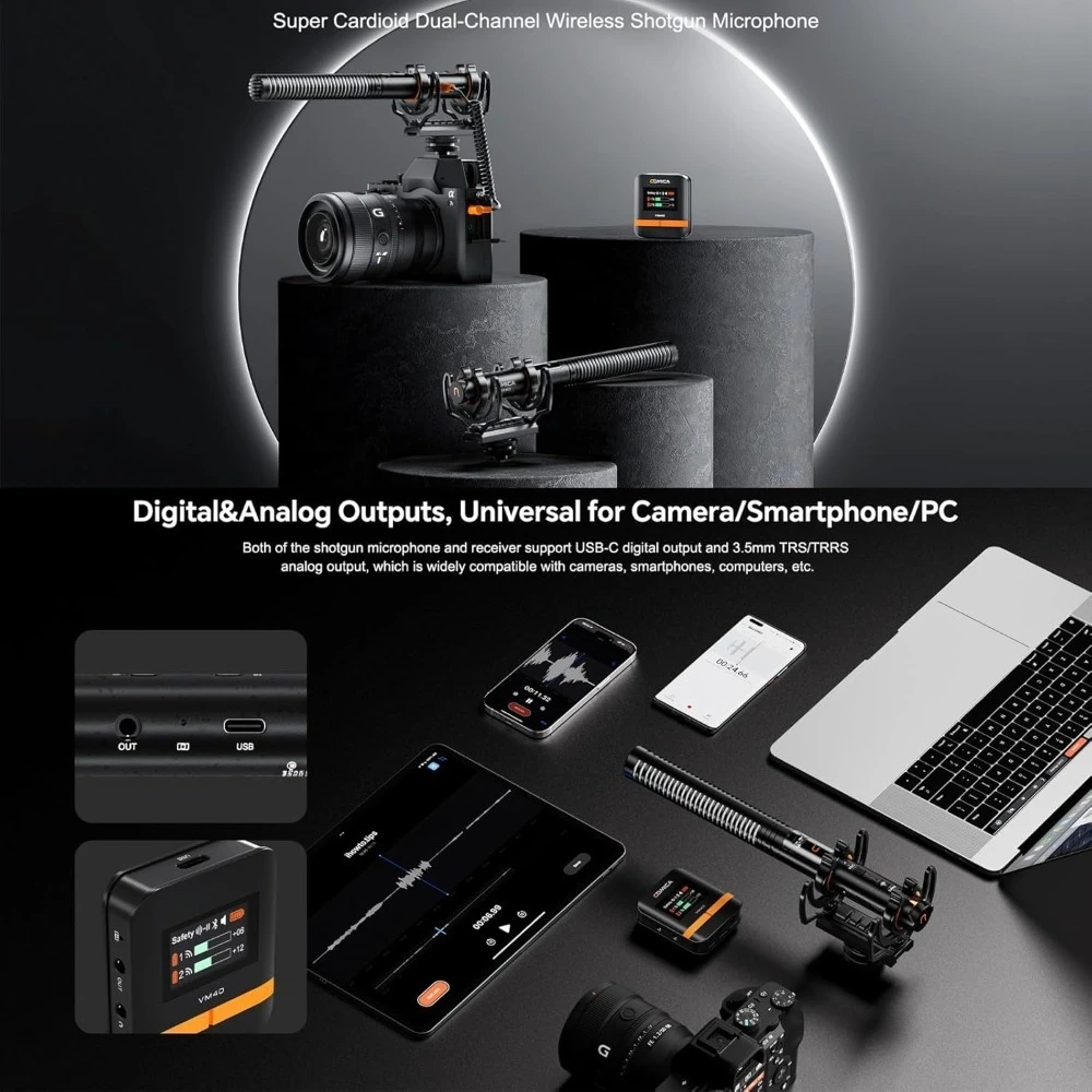 Wireless Shotgun Microphone Dual Channel Super Cardioid Condenser Mic for Camera Smartphone PC Recording