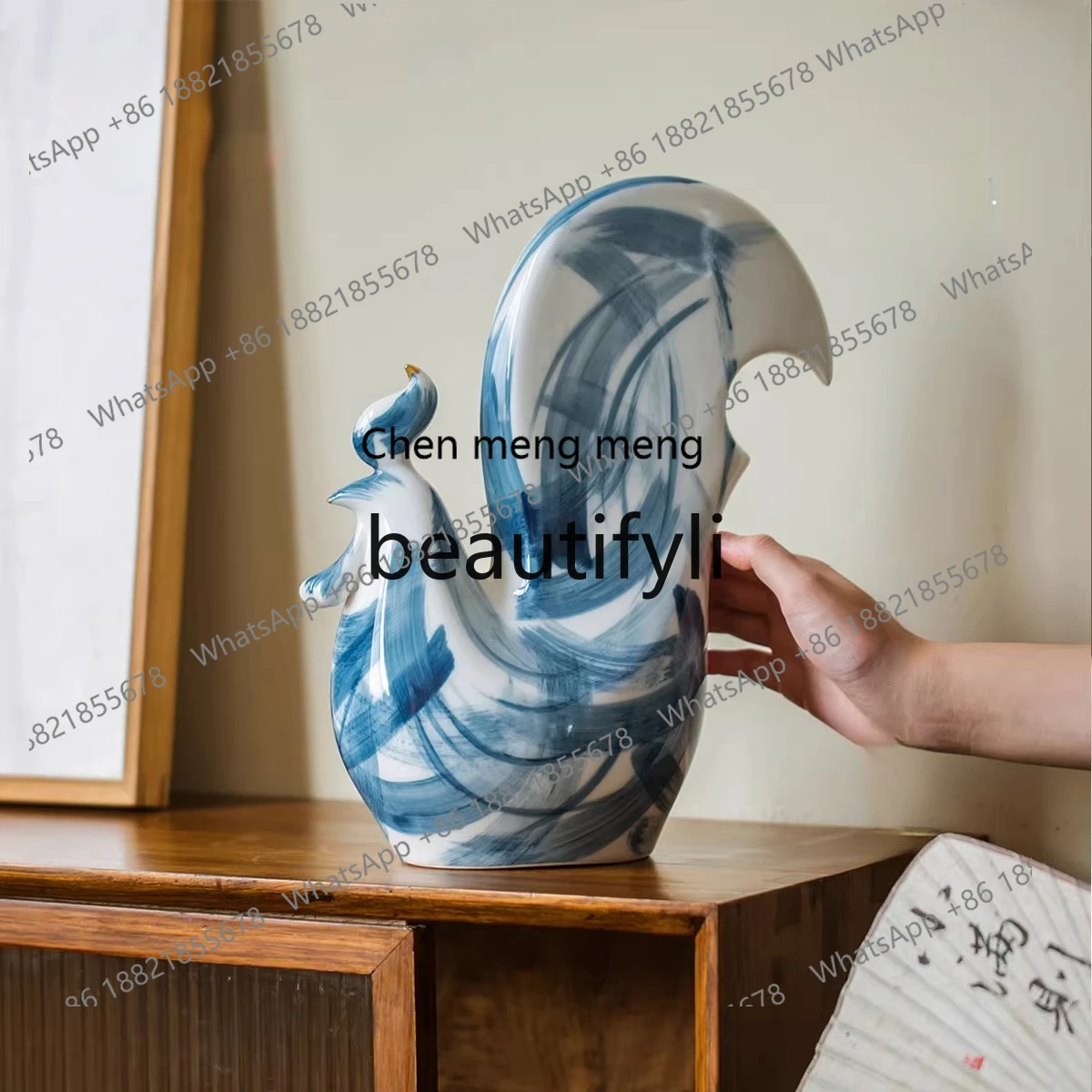 Jingdezhen ceramic hand-painted blue and white chicken ornament opened housewarming gift-giving living room home decoration