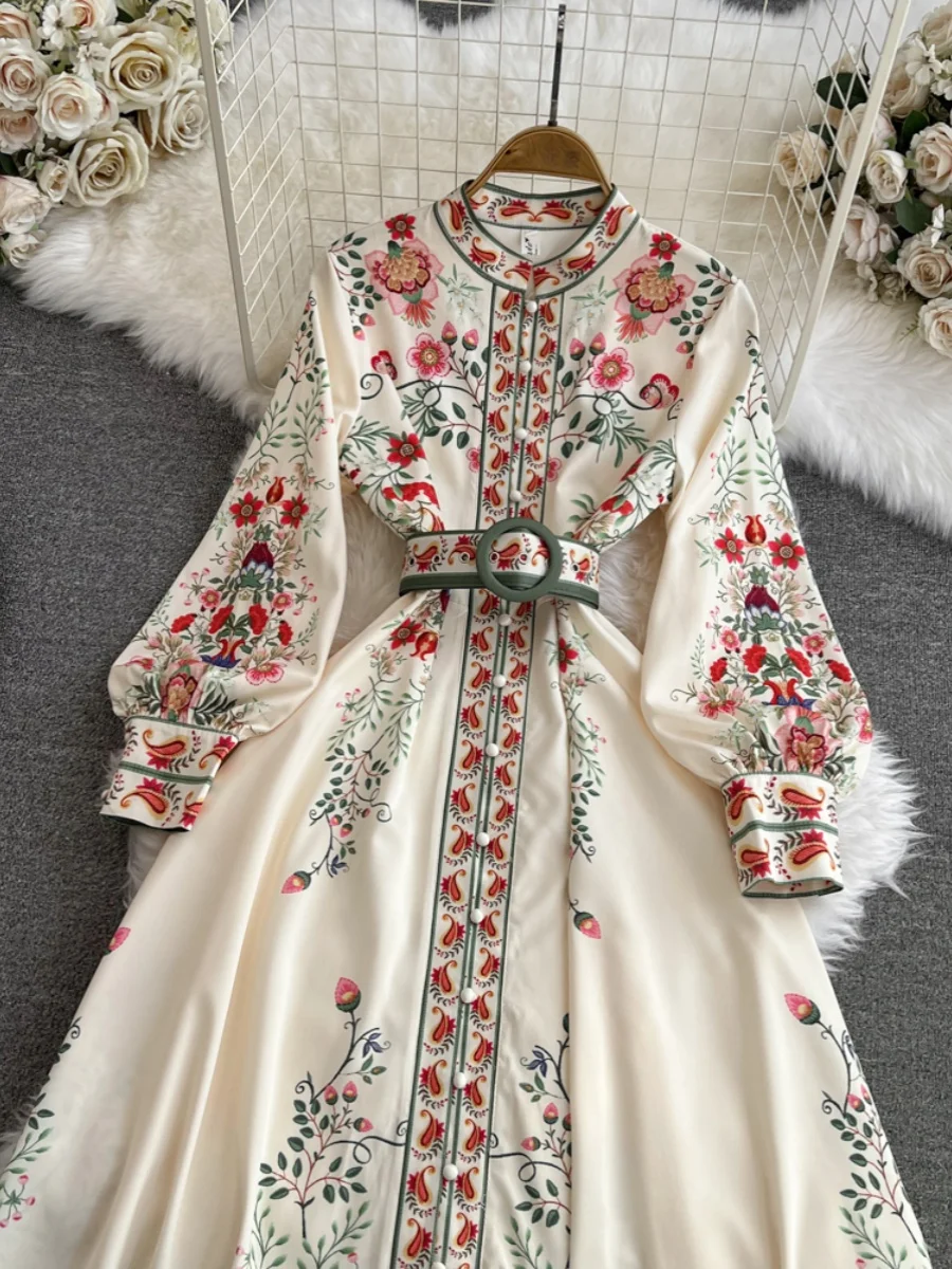 Vintage Court Sle Long Sve Stand Collar Slimming Single Button A-Line Print Maxi Dr Autumn Faion Women's Clothing