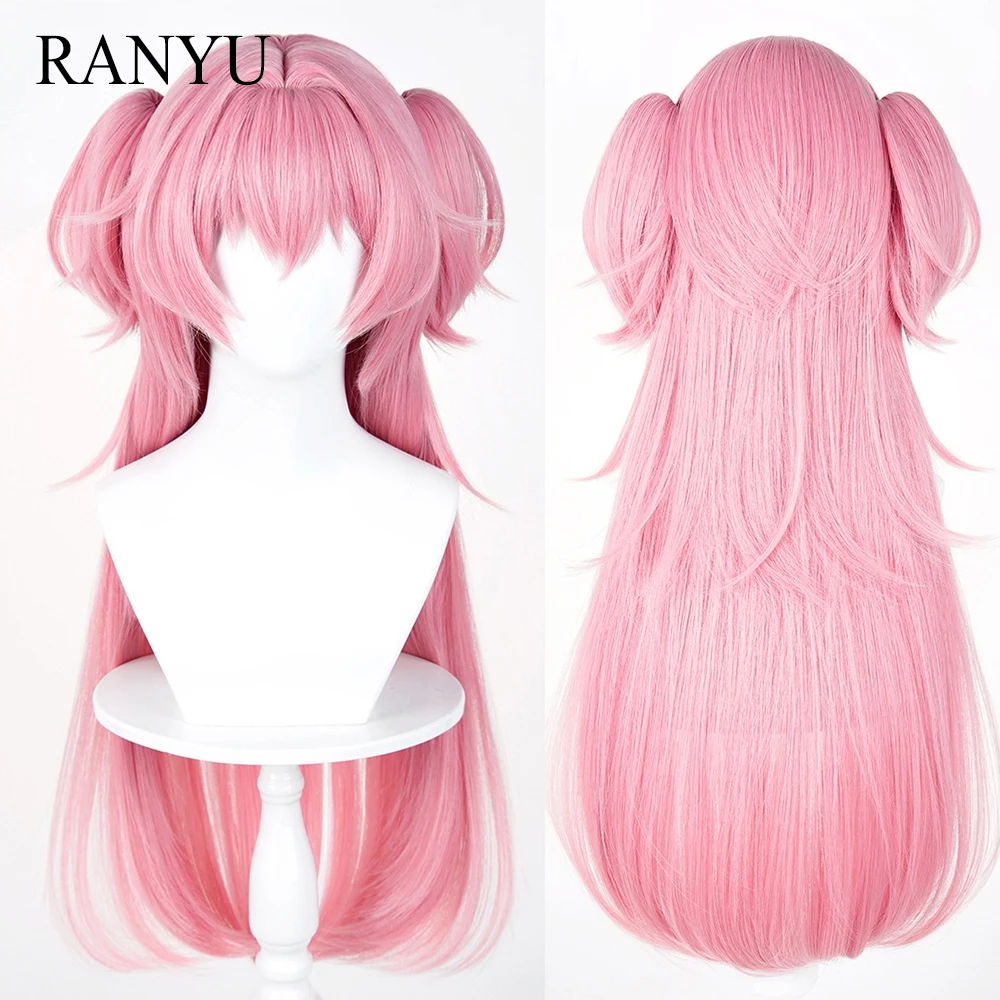 ロングストレートピンク合成ウィッグ-ダブルポニーテールクリップ付き-アニメゲームコスプレ-ふわふわウィッグ-前髪付き-デイリーパーティー用