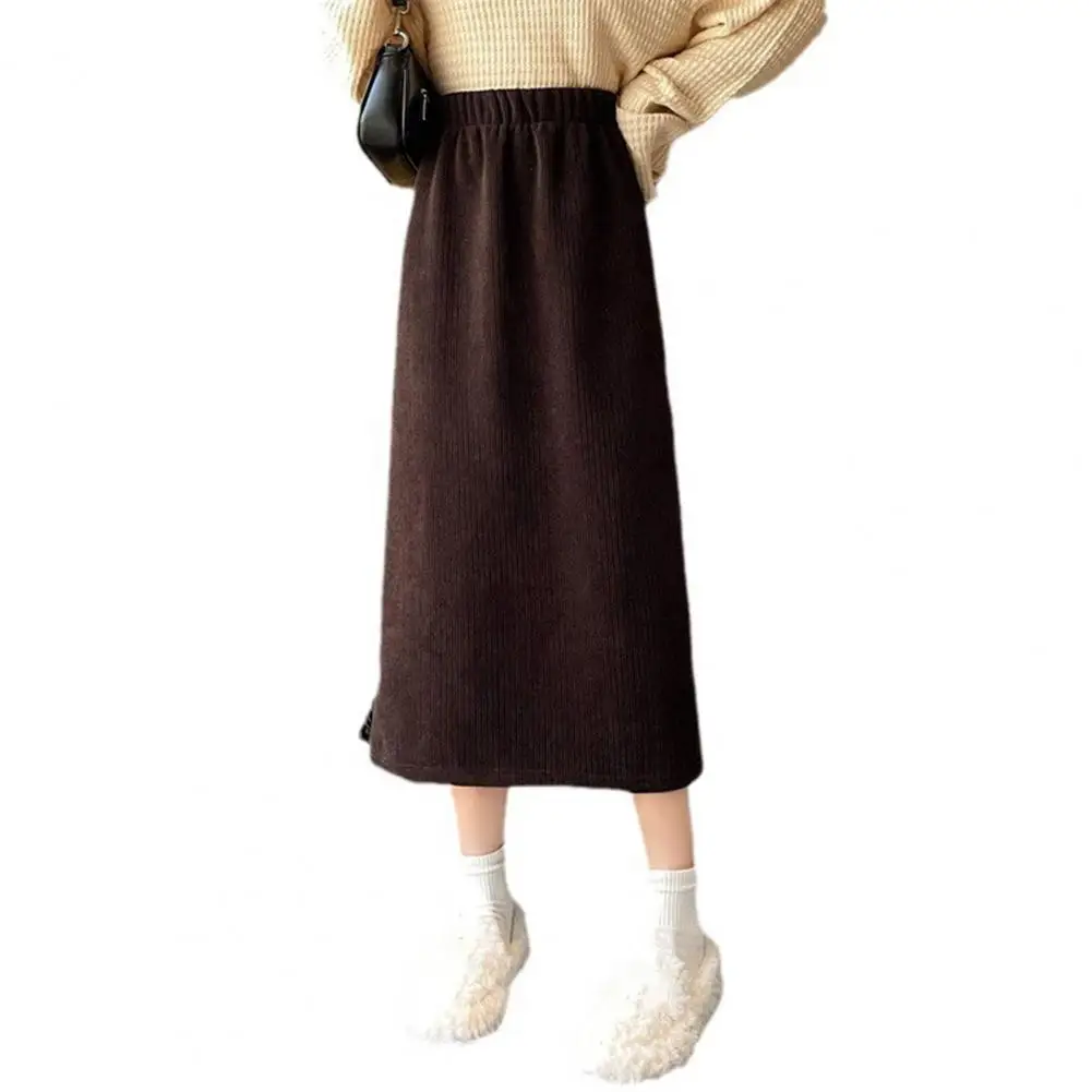 

Fall Winter Women Skirt Elastic High Waist Thick Warm Loose Split A-line Mid-calf Length Pleated Commuting Midi Skirt