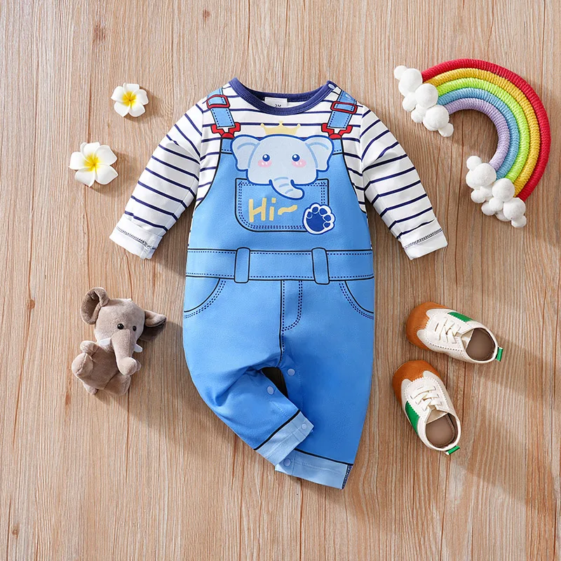 Baby Clothes Cute Cartoon Elephant Print Comfortable And Soft 0-18 Boys And Girls Spring And Autumn Long Sleeved Baby Jumpsuit