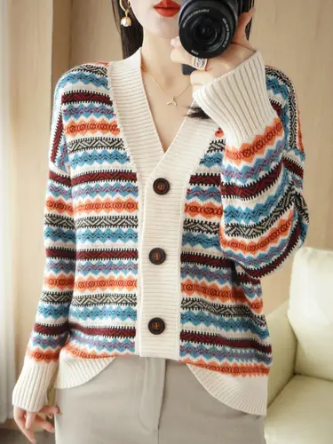 Thickened Striped Long-Sleeved Knitted Cardigan Women's Short Coat Sweater With Loose Sweater And Casual Warm Coat In Autumn And - Image 9