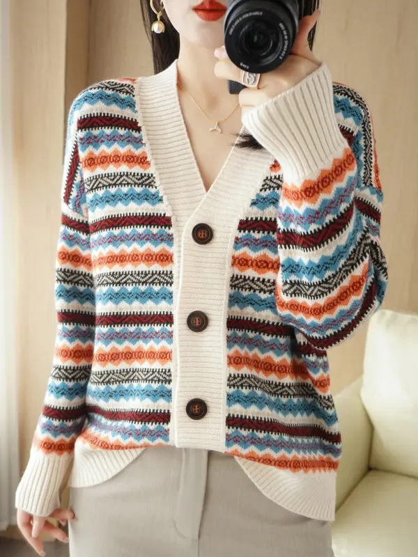 Thickened Striped Long-Sleeved Knitted Cardigan Women's Short Coat Sweater With Loose Sweater And Casual Warm Coat In Autumn And - Image 9
