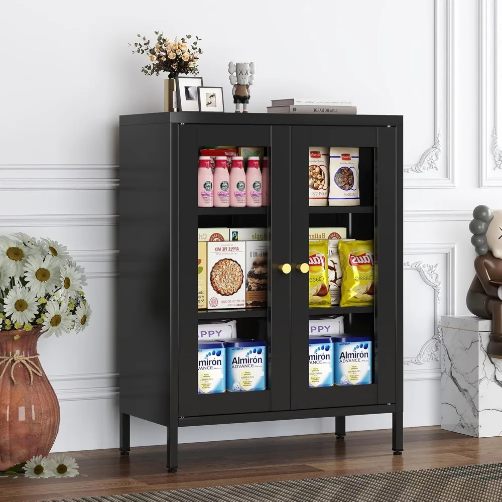 

Black Metal Storage Cabinet With glass 2 Doors - 31.5''H Bathroom Floor Storage Cabinet, 3 Tier Locker With Adjustable Shelves,