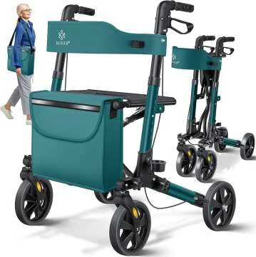 MSMT Folding Walker with Seat for Seniors Aluminum Frame Adjustable Handle Disc Brake Waterproof 150KG Capacity