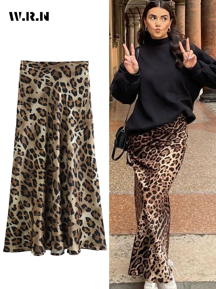 

2024 Summer Office Lady Style Leopard Printting Mid Long Skirts Women's Casual High Waist Streetwear Vintage A-Line Skirt