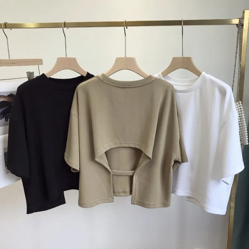 Lady Korean-style T-shirt  Women Spring Summer Backless Loose Cropped T-shirt Round-neck Loose Short-sleeve Girl Student Top
