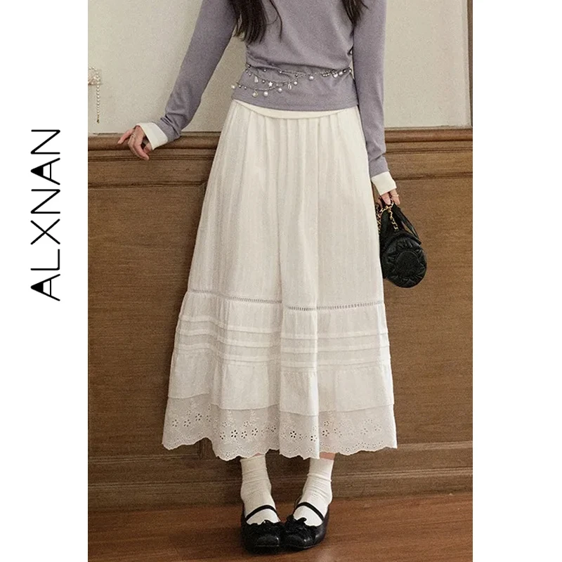 ALXNAN Women's Skirt White Lace Cut-Out Detail Layered Flowy Long Skirt Cotton 100% Autumn Elastic Waist Female Clothing VL52990