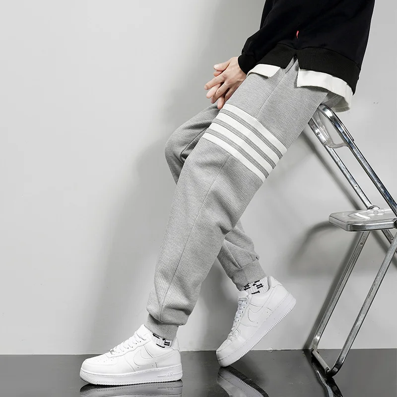 Spring and Autumn Trendy Men's TB Casual Cropped Pants Loose Ribbed Men's Pants Waffle Men's Leggings Four Bar Men's Pants