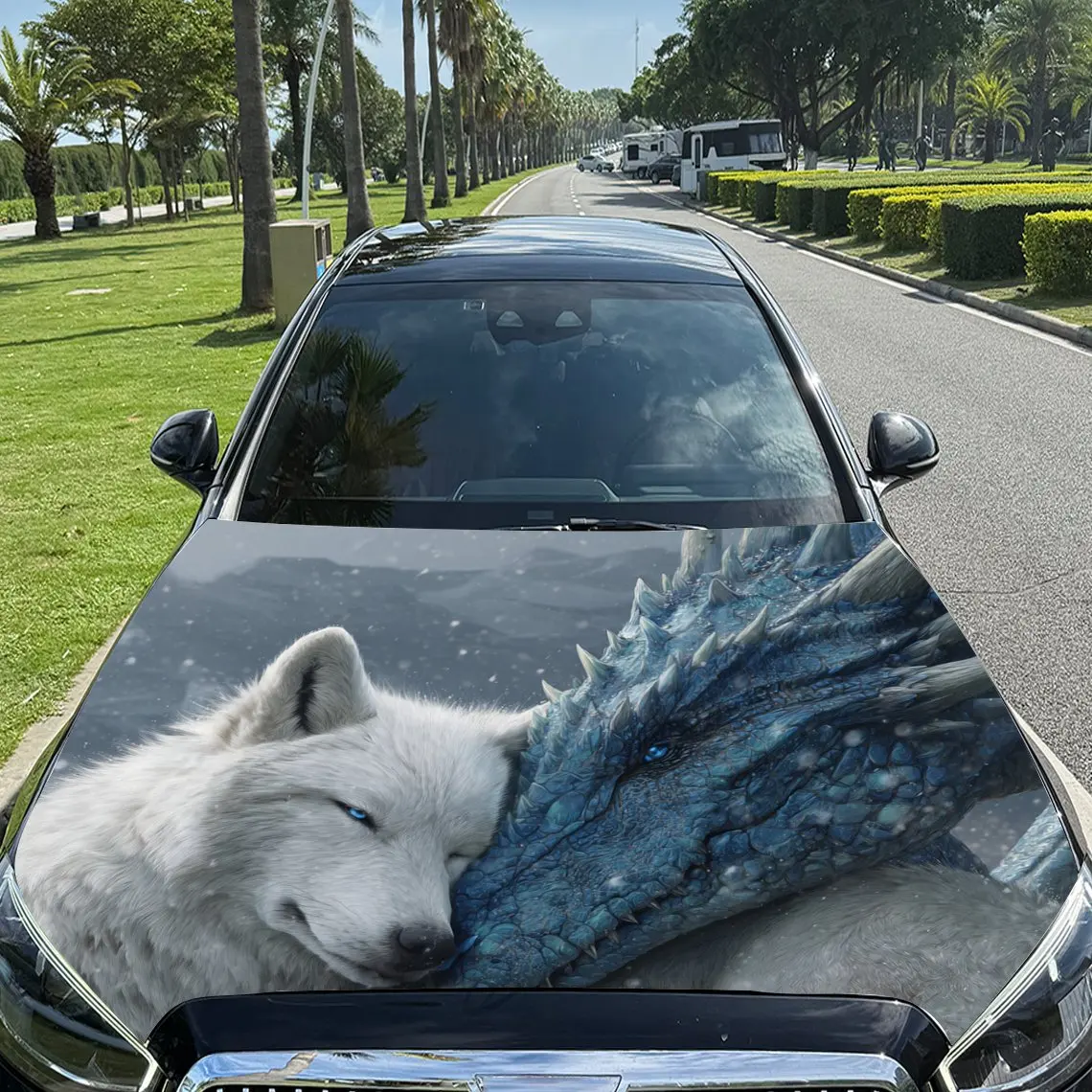 

Fantasy Wolf-Dragon Snuggling Pattern car hood stickers, waterproof self-adhesive, scratch resistant, easy to stick, durable car