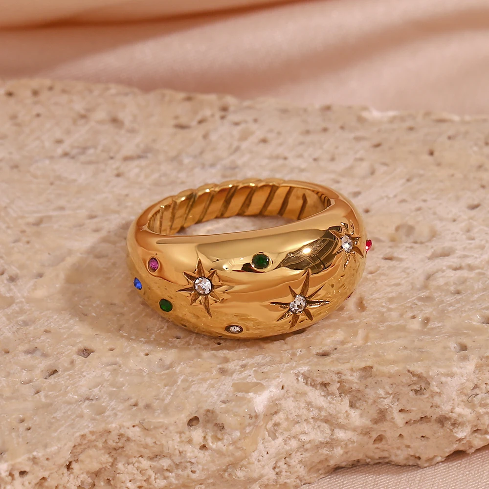 E.B.belle 2024 Collection Colorful Crystal Zircon Gem Star Pattern Bold Dome Stainless Steel Rings For Women Gold Plated Ring