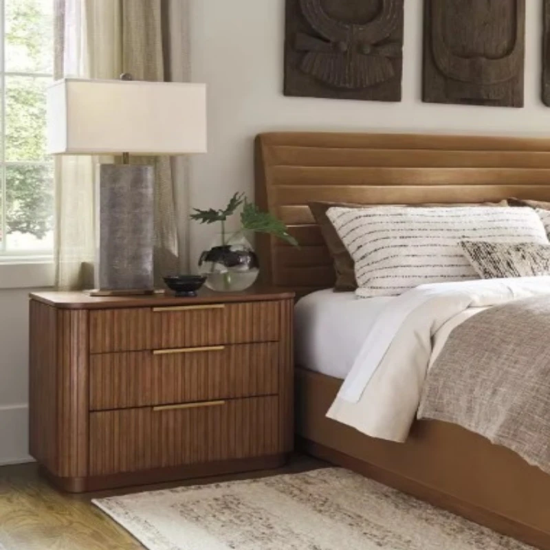 Modern Grooved Bedside Table 3 Drawers Wooden Bedside Table with Brass Handle