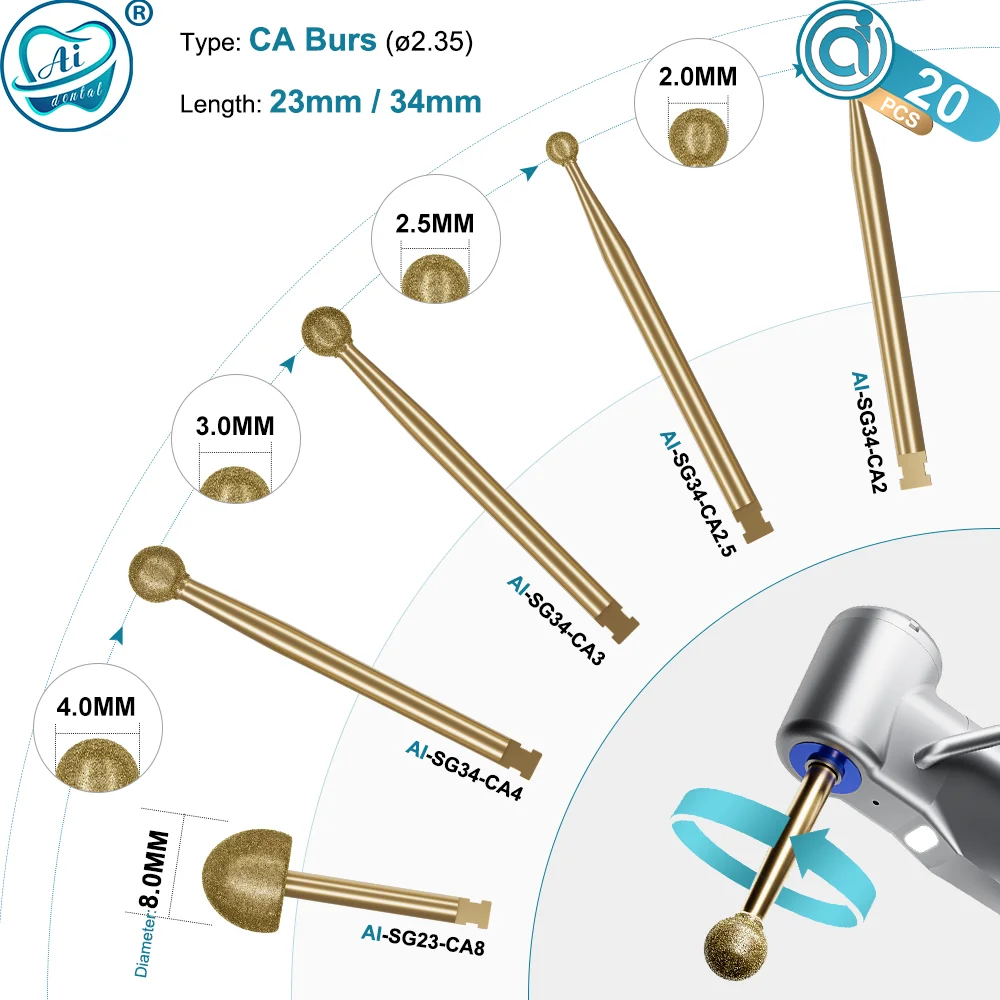 

20 PCS Dental CA Diamond Burs Spare Parts 23mm/26mm/34mm Ball Shape Polishing Drills for Implant Surgical Handpiece