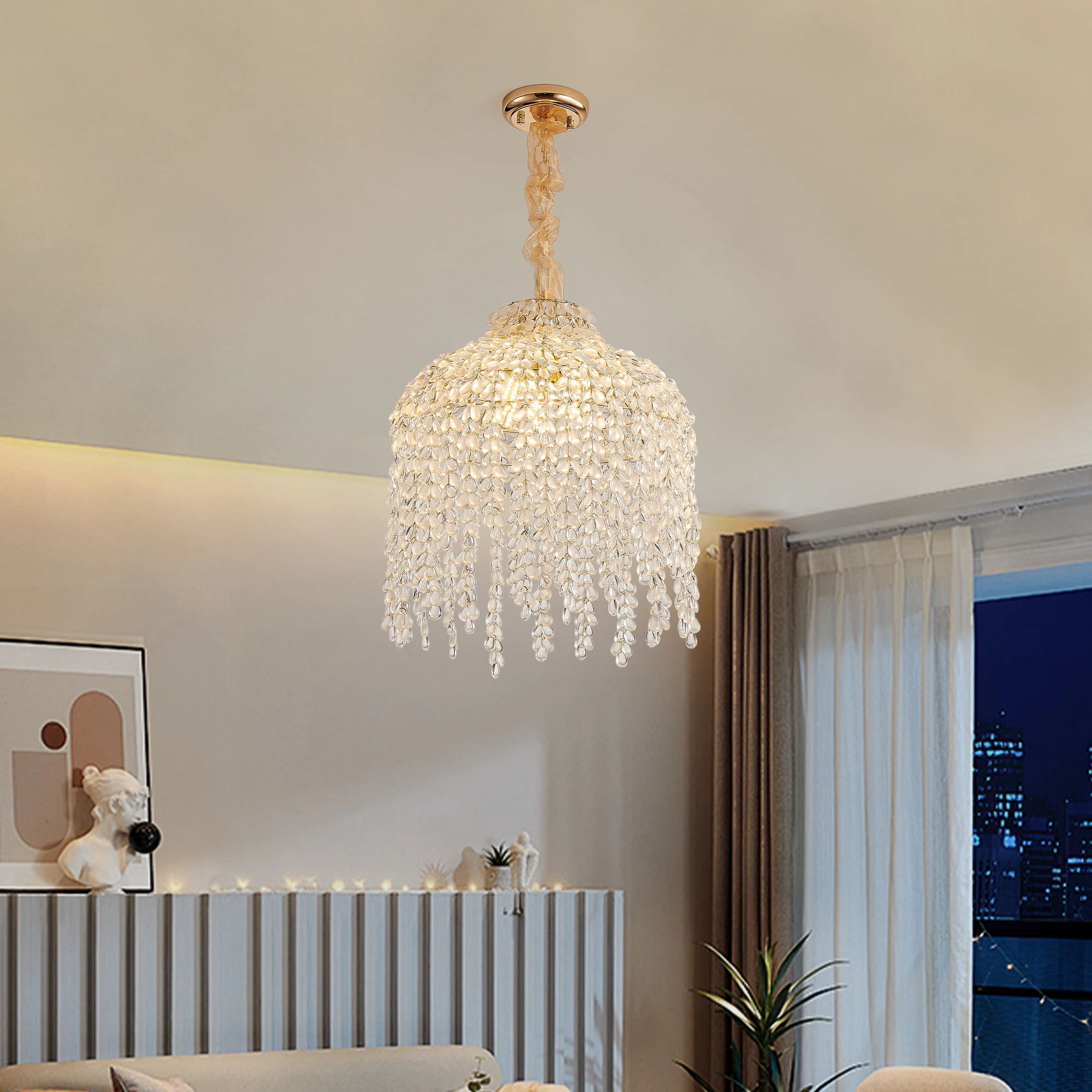 

16 Inch 5 Light Gold Crystal Chandelier Elegant Waterfall Design with Gold Finish for Living Room Dining Room Bedroom