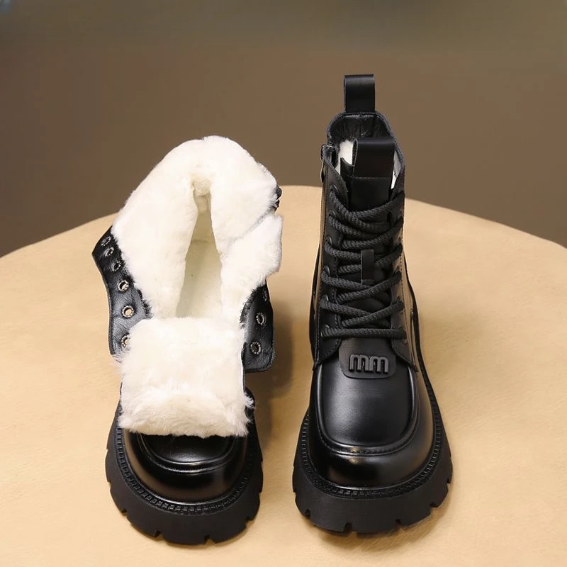 Winter Women Shoes Round Toe Chunky Heel Boots Genuine Leather Shoes for Women Warm Wool Snow Boots Zipper Platform Shoes Women