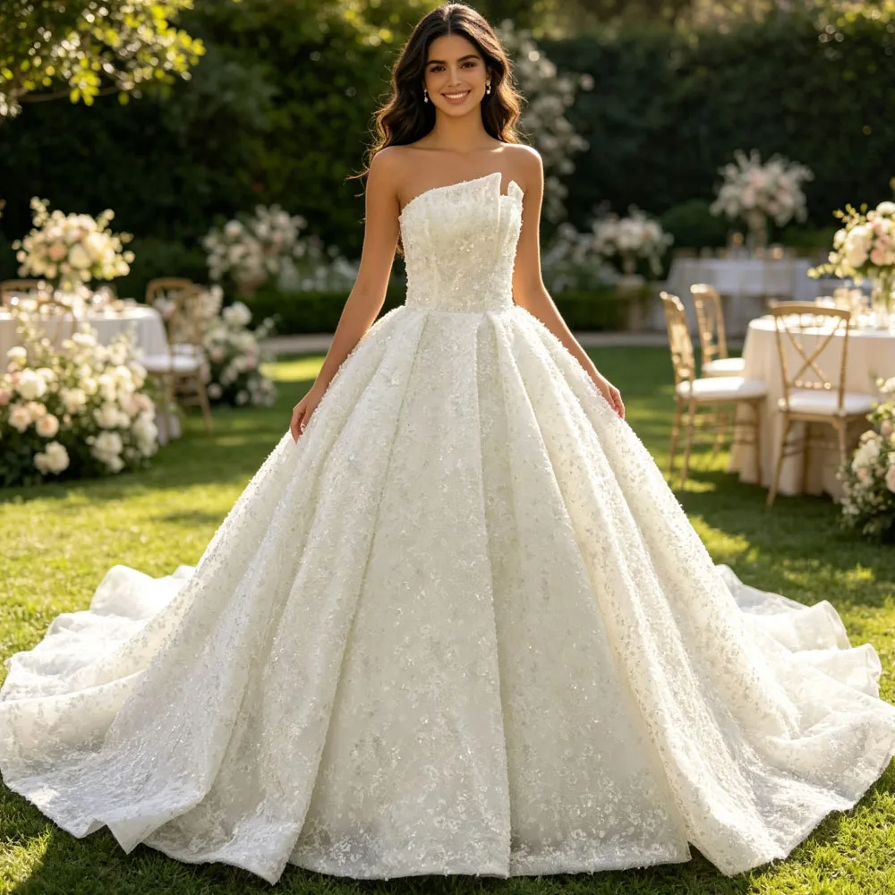 Elegant Strapless Sleeveless Lace Up Back Bridal Dress Appliques Beading Crystal Wedding Dresses Customized Vestido Noiva