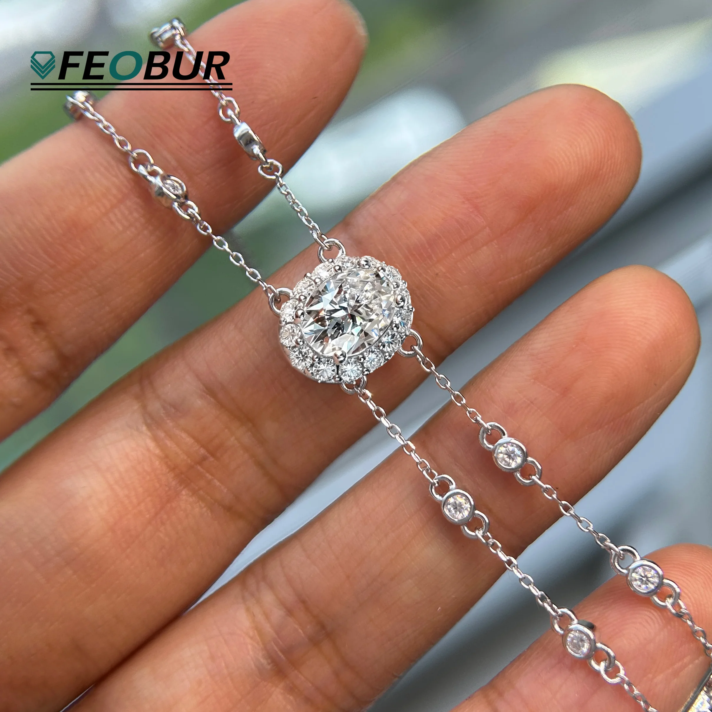 FEOBUR Oval/Heart Cut Moissanite Diamond Bracelet for Women 925 Sterling Silver Adjustable Charm Double Chain Jewelry Gift