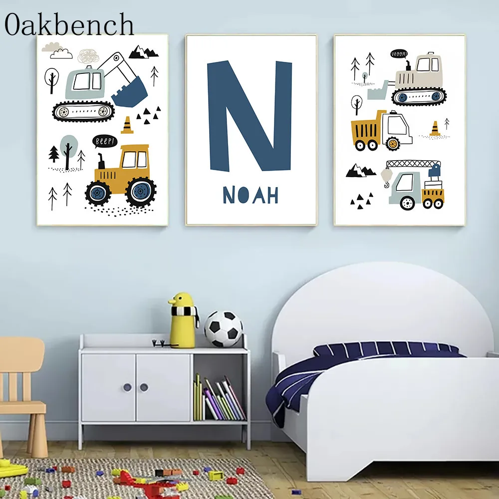 

Custom Name Poster Excavator Nursery Posters Crane Art Painting Tractor Print Pictures Nordic Wall Pictures Boys Room Decoration