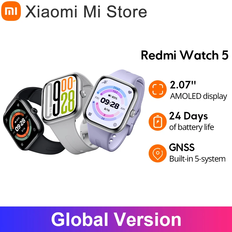 Xiaomi Redmi Watch 5 versi Global 2.07 inci, tampilan AMOLED 24 hari daya tahan baterai bawaan 5 sistem GNSS panggilan Bluetooth 5ATM