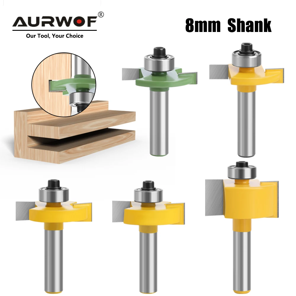 AURWOF 1pc 8mm Shank T Slot Router Bit With Bearing Wood Slotting Milling Cutter T Type Rabbeting Tools For Wood MC02092