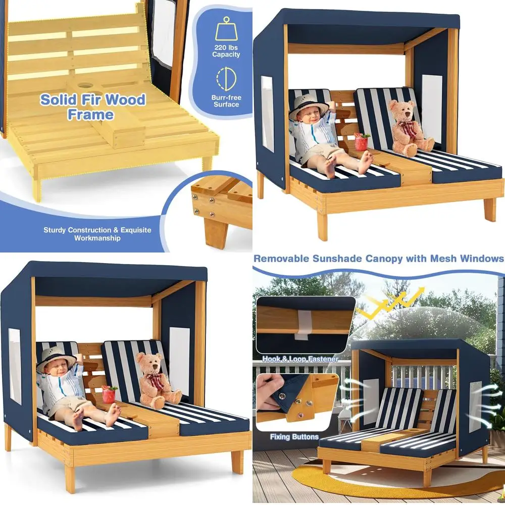 

Детский уличный двойной деревянный шезлонг с навесом, подстаканниками, подушкой, креем для детей от 3 до 8 лет