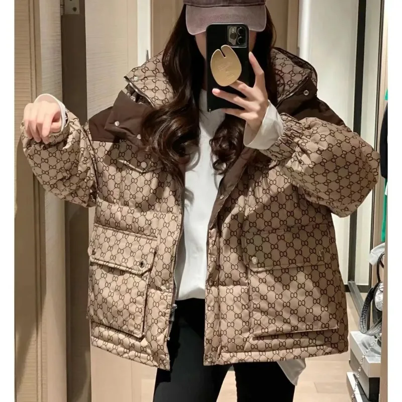 Luxury Brand Women Clothing Winter Super Hot Coat New Trendy Youthful Printed Cotton Padded Jacket Hooded Short Tops Puff Jacket