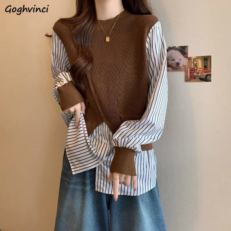 Blouse Women Fake 2pcs Trendy Knitted Patchwork Irregular Korean Fashion Autumn Ins Striped All-match Daily Young Popular Mujer