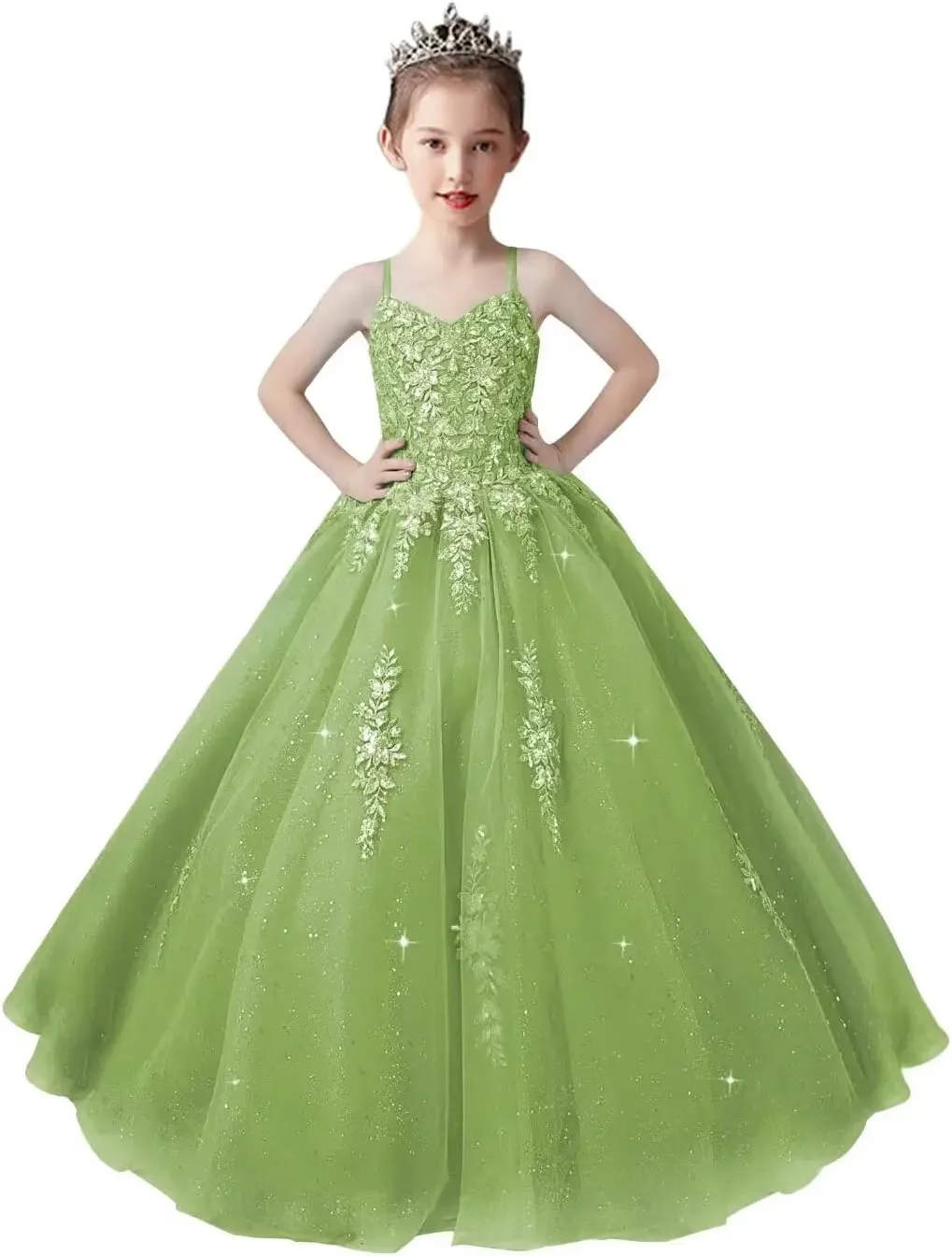 

Lace Applique Tulle Pageant Gowns for Girls Ball Gown Flower Girl Dress Princess Toddler Kids Prom Pageant Dress