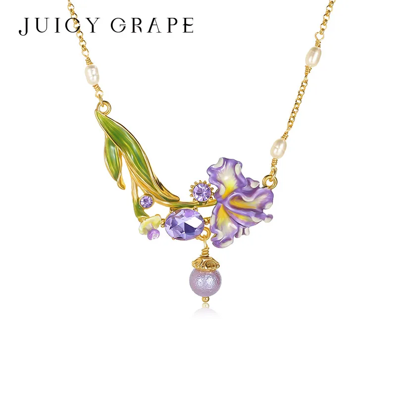 Juicy Grape Iris Flower Hand Painted Enamel Necklace Set for Women 18K Gold Plated with Pearl And Purple Crystal Floral Jewelry