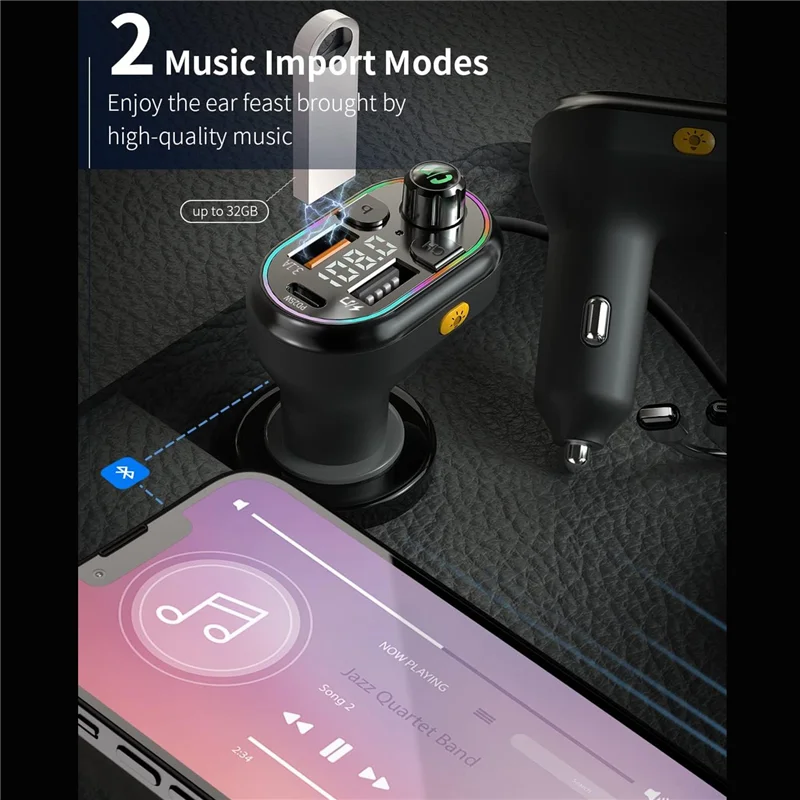 ที่ชาร์จแบตในรถไร้สายบลูทูธ 5.0 เครื่องส่งสัญญาณ FM เครื่องรับวิทยุรองรับห้าอุปกรณ์ชาร์จเพลงไฮไฟ 7 สี