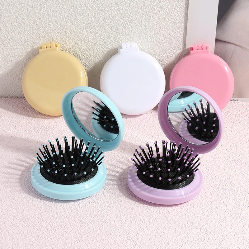 1x Mini Hair Comb With Mirror Foldable Comb Travel Portable Massage Women Girl Hair Brush Macaron Airbag Comb Styling Tools Gift