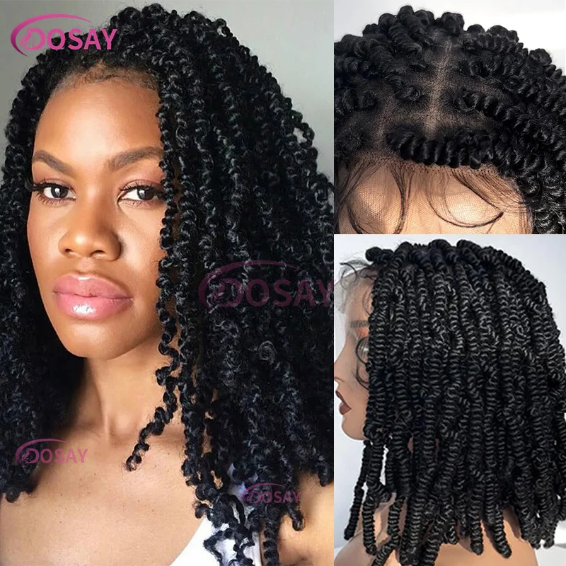 Synthetische Afro Frühling Göttin Kurze Bob Perücke Twist Locken Zöpfe Perücke Faux Locs Knotenlosen Zopf Volle Spitze Perücken Transparente Spitze Perücke