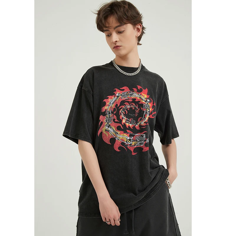 Hip Hop Streetwear Men T-Shirt Oversized Burning Skull Vintage Graphic T Shirt Cotton Washed Black Tshirt Unisex Tops Tees