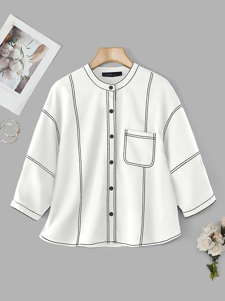 ZANZEA قمصان نسائية بلوزة مرقعة غير رسمية موضة 2025 3/4 كم سترة فضفاضة أزرار جيب للخريف بلوزات كورية للشارع