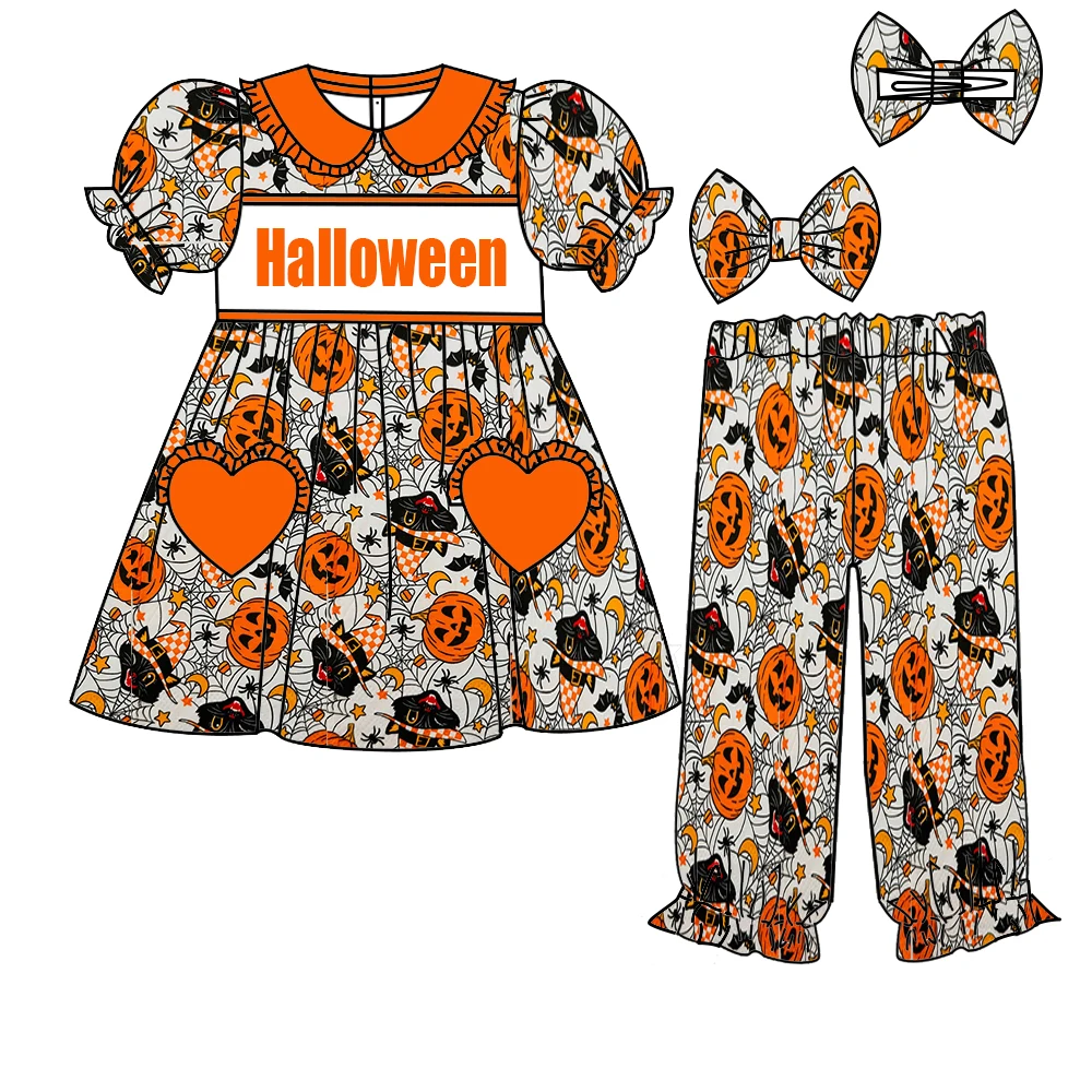 بنطال بناتي بتصميم جديد للهالوين بأكمام قصيرة مع طقم بوتيك مطبوع عليه جيب على شكل قلب مع عصابة رأس على شكل فيونكة متطابقة